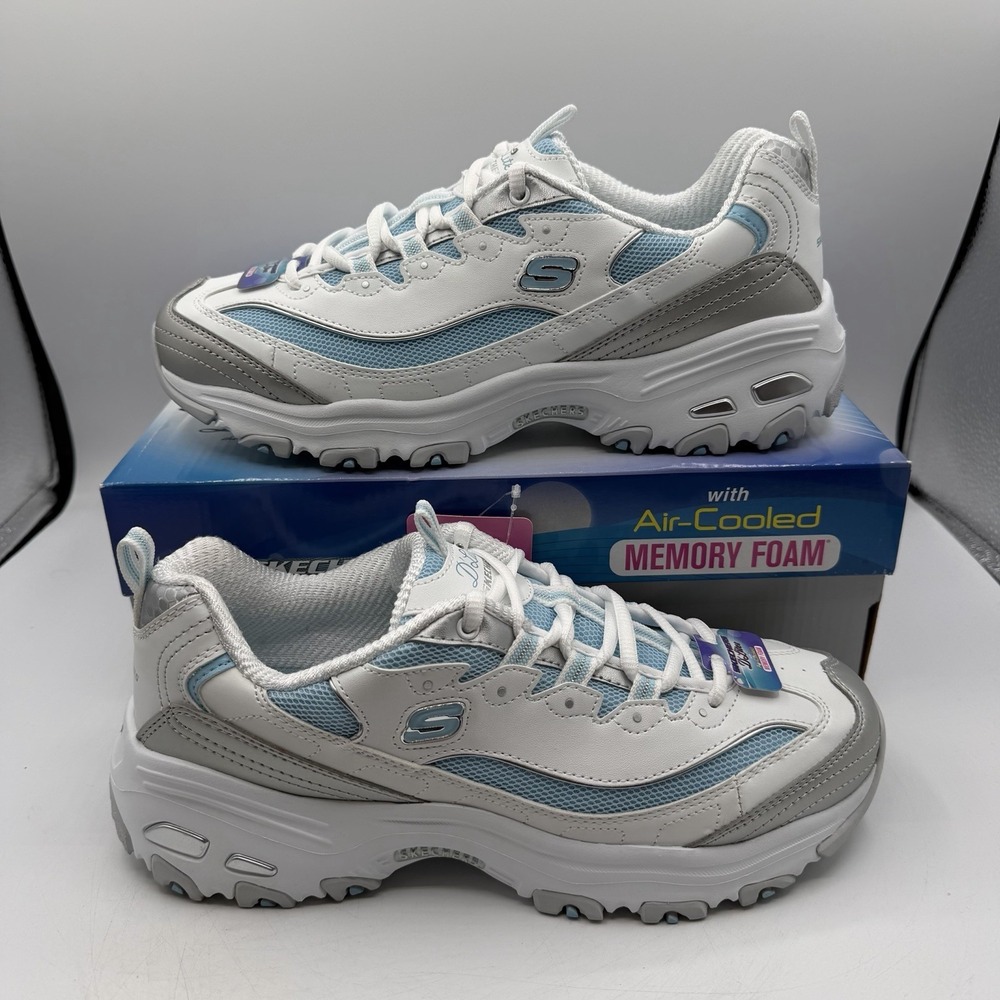 Skechers D'Lites Chromatic Shoes Womens Sz 9.5 White/Silver/Light Blue Sneakers